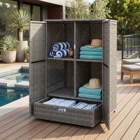 Outdoor Storage Cabinet with Shelves, Rattan Pool Towel Storage Cabinet with Removable Shelf & Drawer, Dark Gray