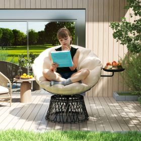 360Â° Swivel Outdoor Papasan Chair, 39" Overstuffed Circle Chair with Side Tray, Thick Cushion for Indoor Patio, Beige
