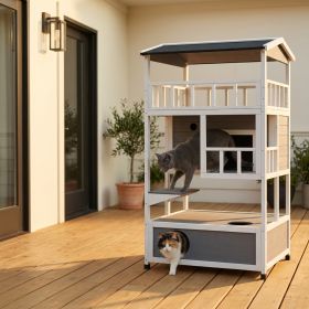 Wooden Outdoor Cat House with Asphalt Roof, Escape Doors, Condo, Jumping Platform, Light Gray