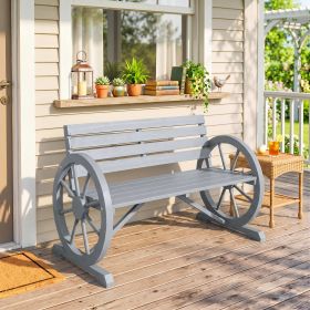 41" Wooden Wagon Wheel Bench, Rustic Outdoor Patio Bench Weather Resistance Furniture, 2-Person Slatted Seat with Backrest, Light Gray