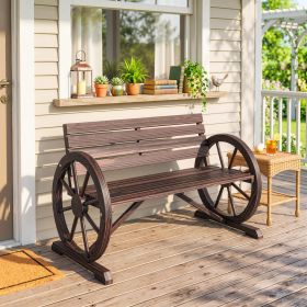 41" Wooden Wagon Wheel Bench, Rustic Outdoor Patio Bench Weather Resistance Furniture, 2-Person Slatted Seat with Backrest, Carbonized