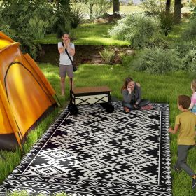 Reversible Outdoor Rug, Waterproof Plastic Straw with Carry Bag, 9' x 18', Black & White Rhombus Border