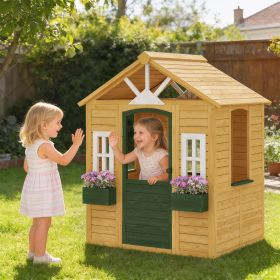 Outdoor Playhouse, Wooden Kids Playhouse with Door, 3 Windows, 2 Flower Boxes for Garden, Indoor Playroom, Ages 3â€“8