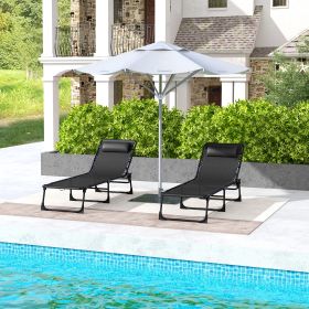 2 Folding Chaise Lounge Pool Chairs with 4-Position Reclining Back, Pillow, Breathable Mesh & Bungee Seat, Black