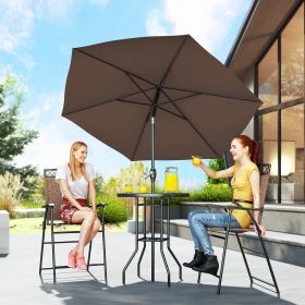 4 Piece Outdoor Bar Set with Umbrella, Patio Dining Set with 2 Folding Chairs, Wave Textured Tempered Glass Table, Brown