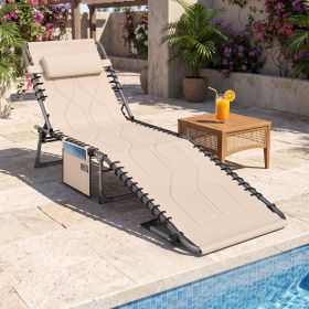 Padded Folding Chaise Lounge Chair, Outdoor 6-Level Reclining Camping Tanning Chair with Headrest for Beach, Yard, Patio, Pool, Beige