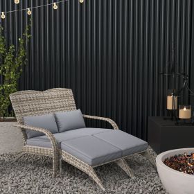 Wicker Adirondack Chair for 2 with Cushions & Footrests, PE Rattan Double Chaise Lounge Chair, Fire Pit Chair, Gray