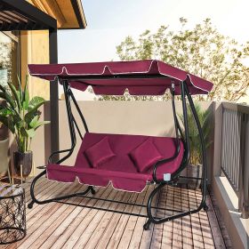 3-Seat Outdoor Patio Swing Chair, Converting Flatbed, Outdoor Swing Glider with Adjustable Canopy, Red