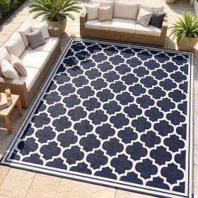 Reversible Outdoor Rug, 9' x 12' Waterproof Plastic Straw Floor Mat, Portable RV Camping Carpet, Blue & White