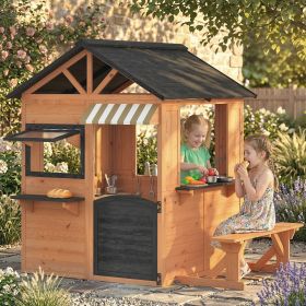 Wooden Kids Playhouse with Play Kitchen, Picnic Bench, Serving Station, Windows and Door for Backyard, Ages 3â€“8, Brown