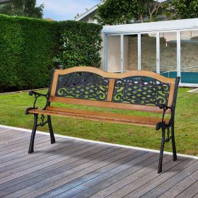50" Outdoor Garden Bench, Park Patio Bench Loveseat, Wood & Metal Frame with Plastic Flourish Backrest, Natural Wood