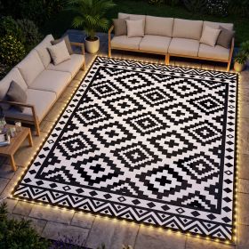 Outdoor Rug Carpet Reversible Plastic Straw Rug with LED Lights Black and White 12' x 9' for Patio
