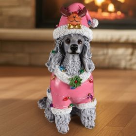 Christmas Poodle Statue, Holiday Dog Figurine in Pink Santa Outfit (Option: grey)