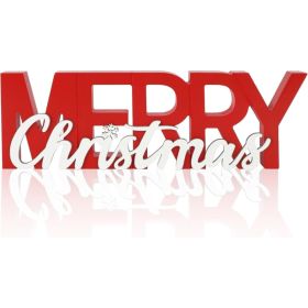 Wooden Merry Christmas Sign, Winter Decorations For Home, Office, Shelf, Mantel, Indoor, Wood Snowflake Decor, Red White Table Top Party Decoration (Option: Red)