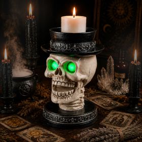 Halloween Skull Candle Holder with Glowing Green Eyes, Gothic Open Mouth Skeleton Head Statue with Black Top Hat, Spooky Tabletop Decor for Home Party (Option: Black White)