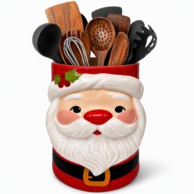 Christmas Ceramic Utensil Holder, Santa Claus Kitchen Decor, 3 Santa Countertop Storage Crock For Cooking Utensils, Baking Tools, Holiday Decoration (Option: Red)