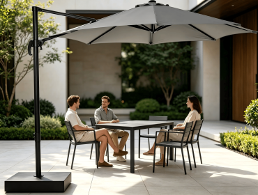 10x10ft Cantilever Patio Umbrella W Base Included  360 Rotation Large Offset Hanging Outdoor Shade For Deck Pool   W Stand (Color: Gray)