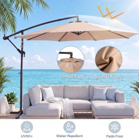 10ft Umbrella Hanging Offset Market Outdoor Sun Shade For Deck Poolside W Lights Easy Tilt Cross Base (Color: Khaki)