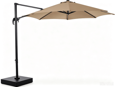10x10ft Cantilever Patio Umbrella W Base Included  360 Rotation Large Offset Hanging Outdoor Shade For Deck Pool   W Stand (Color: Tan)
