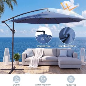 10ft Umbrella Hanging Offset Market Outdoor Sun Shade For Deck Poolside W Lights Easy Tilt Cross Base (Color: Blue)