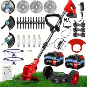 Cordless Electric Weed Wacker Portable Grass Trimmer with 3 Blade Types and 2 High Capacity Batteries Powerful Lawn Mower for Garden Yard Lawn Mainten (Color: Red)
