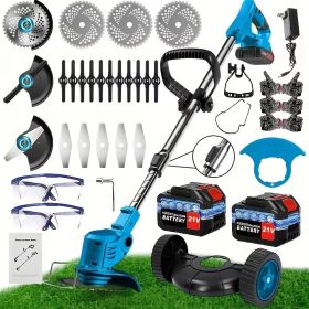 Cordless Electric Weed Wacker Portable Grass Trimmer with 3 Blade Types and 2 High Capacity Batteries Powerful Lawn Mower for Garden Yard Lawn Mainten (Color: Blue)
