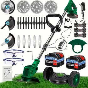 Cordless Electric Weed Wacker Portable Grass Trimmer with 3 Blade Types and 2 High Capacity Batteries Powerful Lawn Mower for Garden Yard Lawn Mainten (Color: Green)