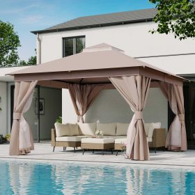 Patio Gazebo Outdoor Heavy Duty Party Tent Shelter With Double Roofs, Mosquito Nettings And Privacy Screens For Backyard, Garden, Lawn (Color: Khaki, size: 12'x12')