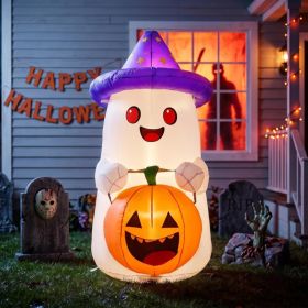5 FT Halloween Inflatables Decor, Cute Inflatable Ghost With Pumpkin, Built In 2 LEDs For Halloween Garden, Patios & Indoor Parties Party Decoration (Option: White)