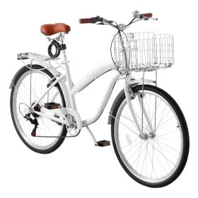 Women Bike, 26 In Beach Cruiser Bike, 7-Speed Adult City Bicycle With Carbon Steel Frame, 330 Lbs Capacity, Basket, Rear Rack & Dual V-Brakes, White (Option: Default)